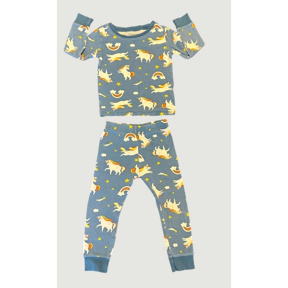 Old Navy Toddler Girls Unicorn Rainbow Pajama Set Blue 2-Piece 3T Cotton 1465